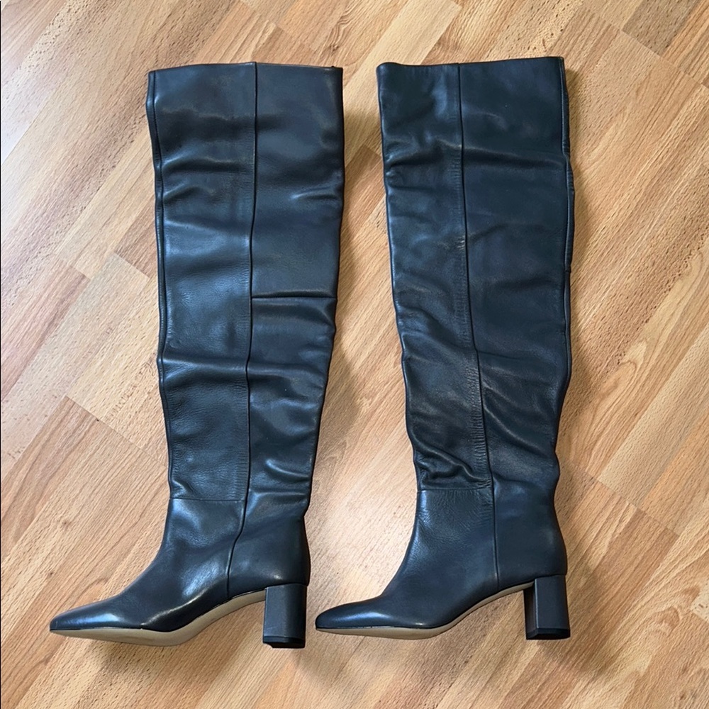 Women's Dark Grey Leather Thigh-High Boots
